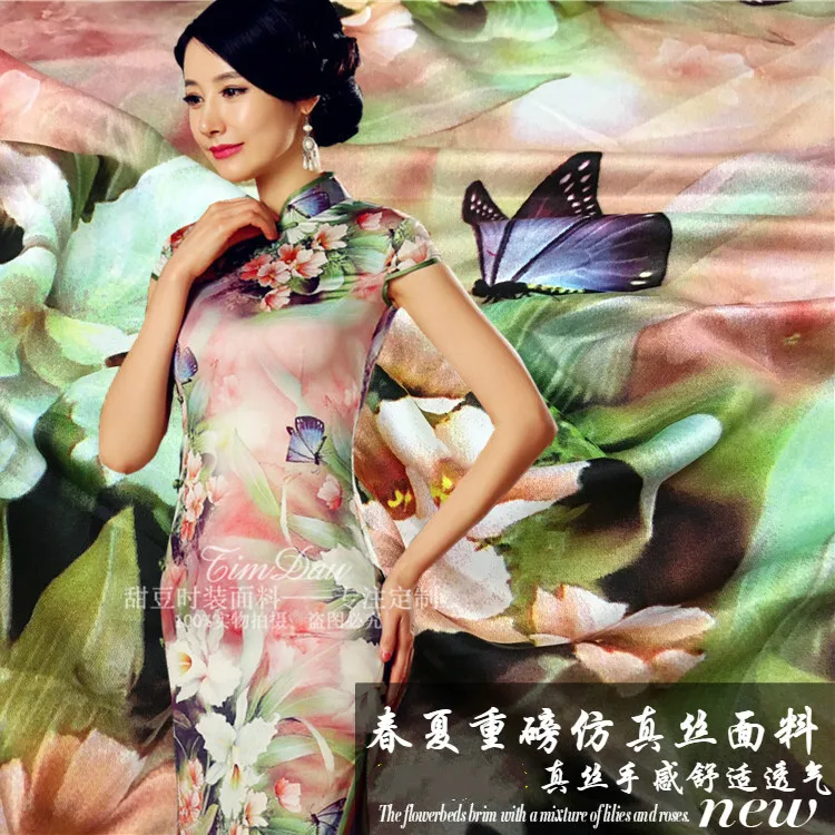

150cm heavyweight printed fabric chinese retro high imitation silk digital print scarf dress fabric wholesale cloth