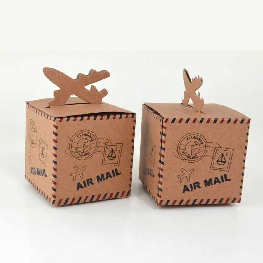

10pcs Vintage Air Mail Plane Design Kraft Gift Box Rustic Paper Gift Bag Wedding Favor Box for Wedding Party Baby Shower Decor