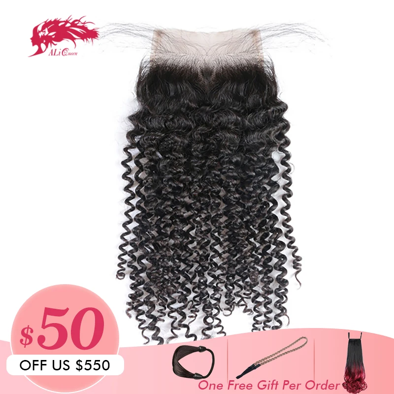 

Ali Queen Hair Products Kinky Curly Brazilian Virgin Hair 10" to 20" 100% Human Hair Free Part Swiss Lace Closure