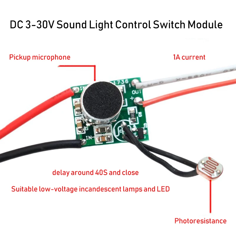 DIY низкая Напряжение DC управление светом звуком Сенсор DC 3 V-30 V светодиодный драйвер 5V 6 в, 12 В, 24 В постоянного тока, светочувствительная голосовой модуль автоматического включения света цепи