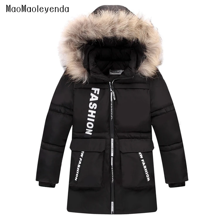 

New 2018 Children Winter Jacket For Boys Fashion Fur Hooded Thick Cotton-Padded Boy Long Coat Solid Parka Kid Clothes Outwears