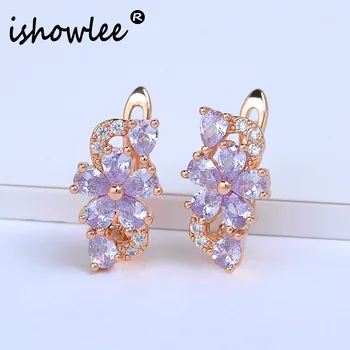 

ISHOWLEE Purple Crystal Flower 585 Rose Gold Earrings Women Natural Zircon Studs Earrings for Girl 2019 Elegant Jewelry esp04