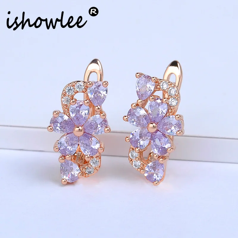 Женские серьги гвоздики из розового золота ishowell фиолетовый хрустальный цветок 585