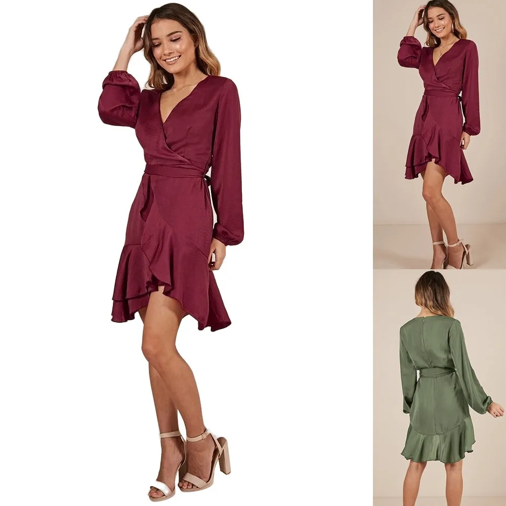 

Women Loose Maxi Long Sleeve Dress Solid Party V Neck Mini Dresses fashion colorful comfortable breathe fashion saia #xx