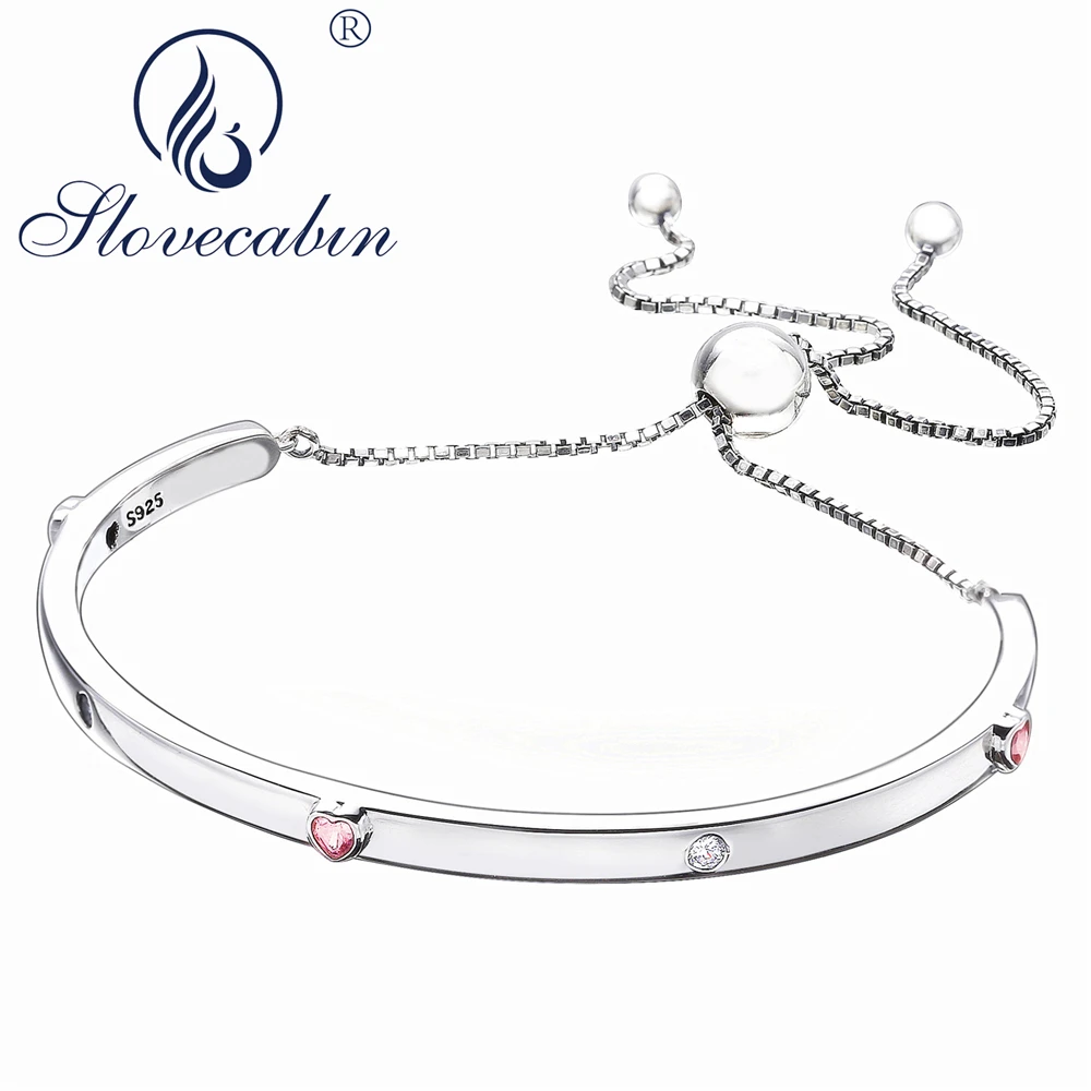 

Slovecabin Original 925 Sterling Silver 2018 New Pink Love Heart Zircon Adjustable Open Bangle Valentines Day Gift Bracelet
