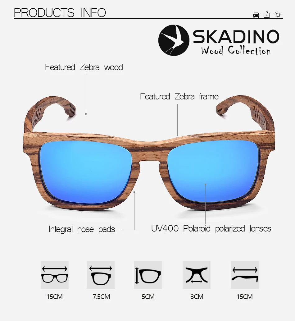 SKADINO, UV400, поляризационные, Зебра, полностью деревянные солнцезащитные очки, модные, солнцезащитные очки для женщин и мужчин, с покрытием, синие, коричневые линзы, ручная работа, крутой бренд