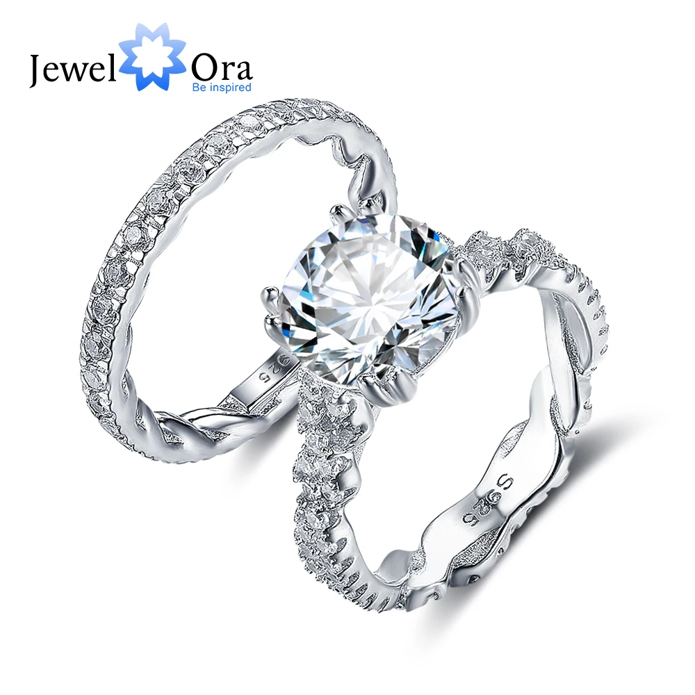 

Luxury Wedding Jewelry 10mm 3.5 CT Hearts And Arrows Round Cubic Zirconia 925 Sterling Silver Ring Sets (JewelOra RI102343)