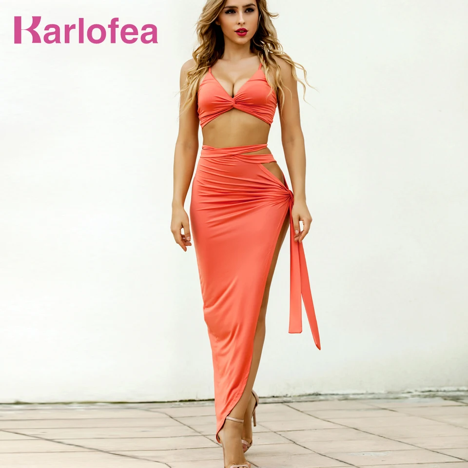 

Karlofea Spring Summer Lady Fashion Maxi Dress Pure Red Side Split Knot Women Two Piece Outfits Two Piece Sexy Clubnight Dress