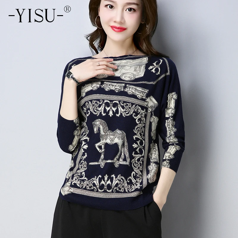 

YISU 2019 Womens Printed sweater spring Loose Pullover Pull Femme Oblique collar Knitted Sweater Women Elastic Jumper Tops