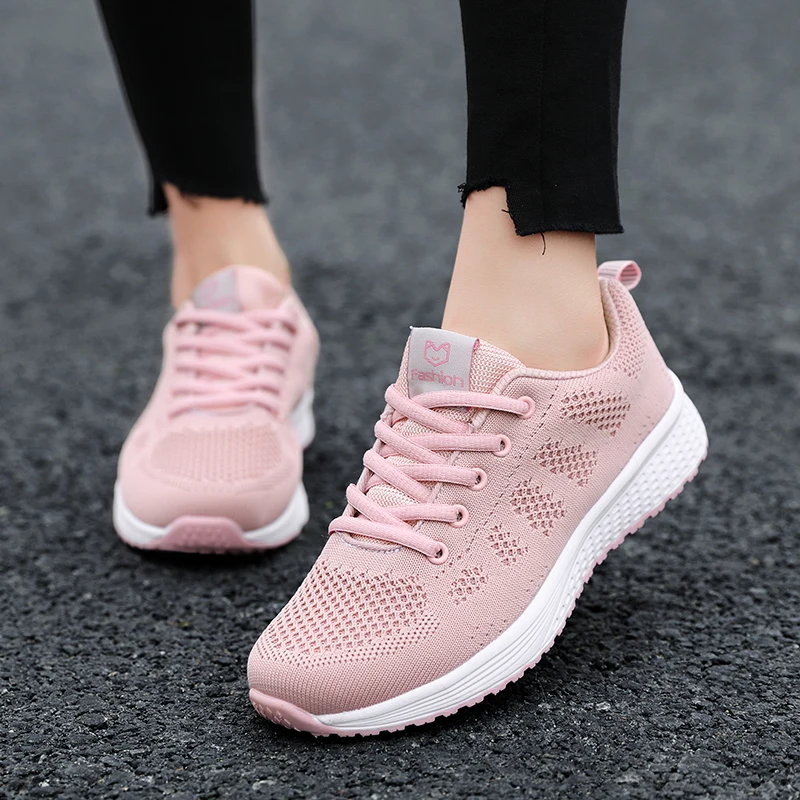 Pink Женская Повседневная обувь; Модные дышащие Прогулочные кроссовки на плоской подошве со шнуровкой; коллекция года; tenis feminino; цвет розовый, черный, белый - Цвет: Pink