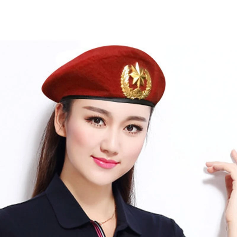 High-Q Men Women Wool Felt Berets Metal Badge Decor Sailors Dance Performance Hat Trilby Military Fans Army Cap Adjustable 5