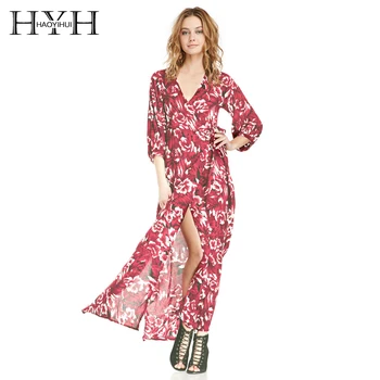 

HYH HAOYIHUI Woman beach Dress Floral Printed Drawstring Wrap Chiffon Dress Vintage Casual Elegant Maxi Women Fashion Dress