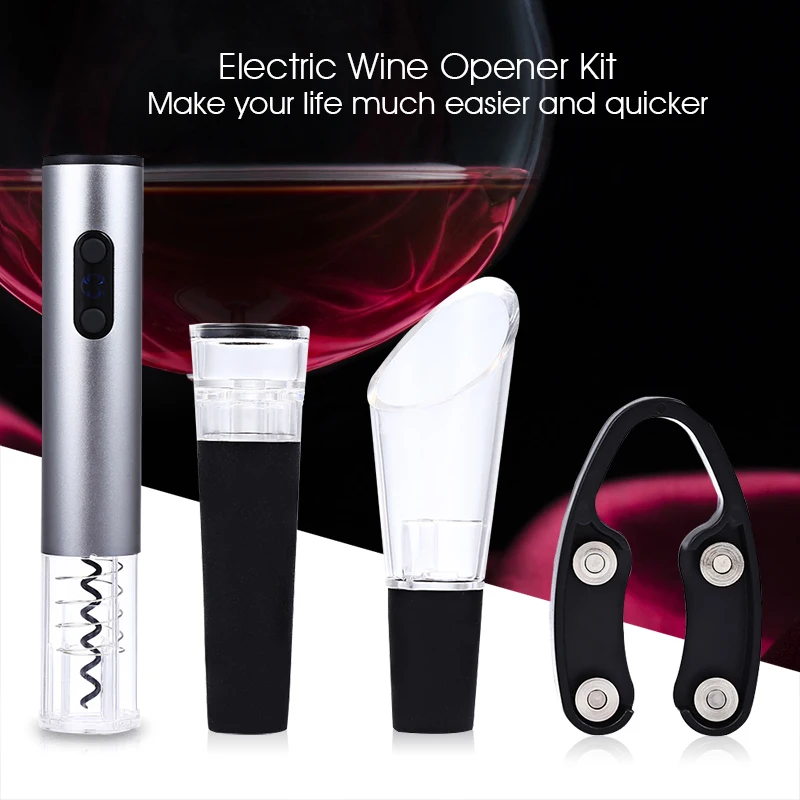 

4pcs/Set Electric Wine Opener Stainless Steel Cordless Corkscrew Removable Foil Cutter Vacuum Stopper Pourer Wine Opener Tool