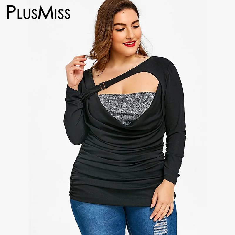 Plusmiss زائد الحجم 5xl مثير ruched الإنحراف طوق الملابس حجم كبير الصيف 2018 قطع تي شيرت السيدات الأعلى المحملة فام