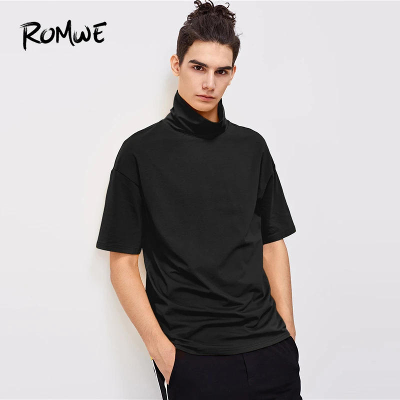 

ROMWE Men High Neck Half Sleeve Tee 2019 Comfortable Black Plain T Shirts New Design Fashion Cool Spring Autumn T-shirt
