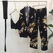 Новая мода весна осень женский комплект из 4 предметов шелковые пижамы краны печать Домашняя одежда Пижама Ночное белье атласная ночная рубашка халат