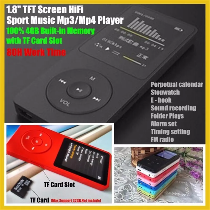 1," TFT экран 4 Гб HiFi спортивный музыкальный MP3-плеер с TF/SD слотом для карт(максимальная поддержка 32 ГБ), FM, рекордер, электронная книга, 80 ч рабочее время