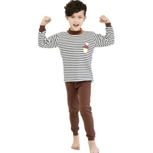 

Plus Size Winter Full Length Casual Combed Cotton Boys Pajamas Striped Tops With Brown Pants Underwear Set Long Sleepwear Kids