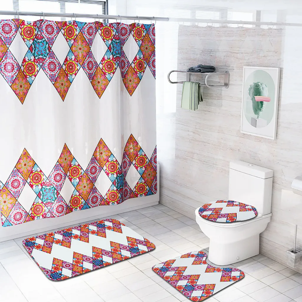 

4PCS Non Slip Toilet Polyester Cover Mat Set Bathroom Shower Curtain drop shipping new products selling well