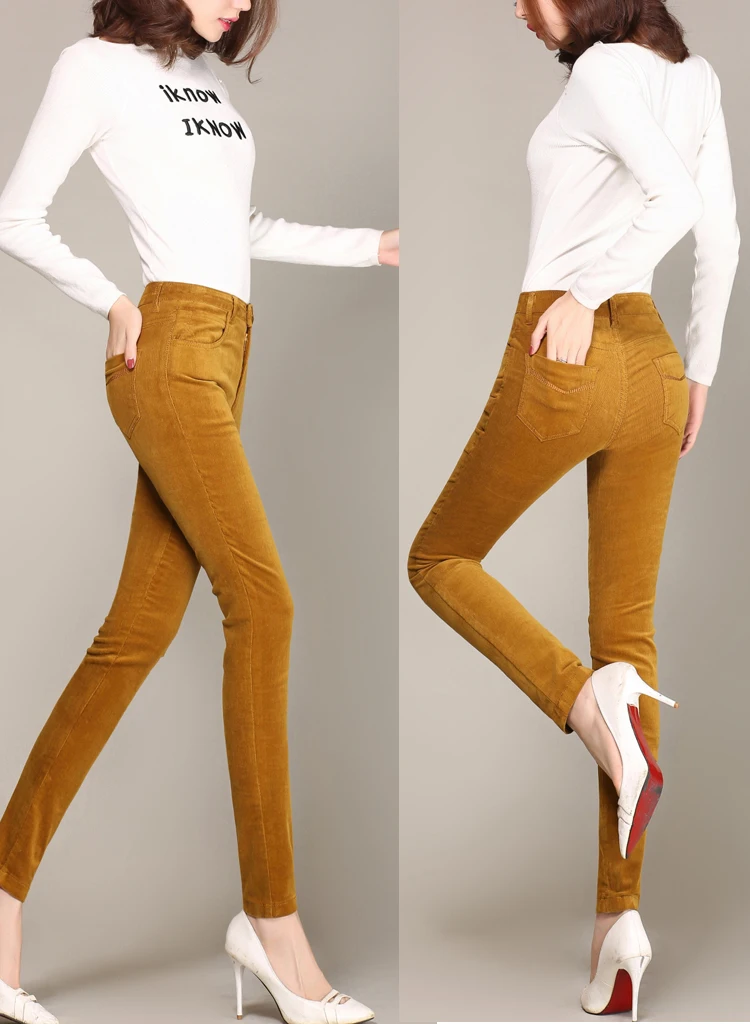 Весенние модные вельветовые повседневные брюки с высокой талией, вельветовые брюки, прямые Стрейчевые узкие брюки, большие размеры 28-38