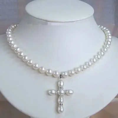 

FREE SHIPPINGJEWELRY 7-8MM PEARL AND PEARL CROSS PENDANT NECKLACE