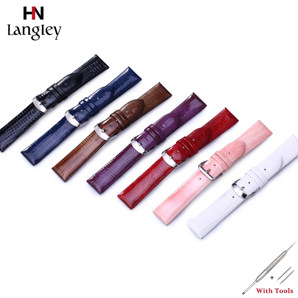 

Lizard Pattern Genuine Leather Watchband Flat Interface Wristwatch Straps 12-22mm Stainless Steel Buckle Watches Accessories