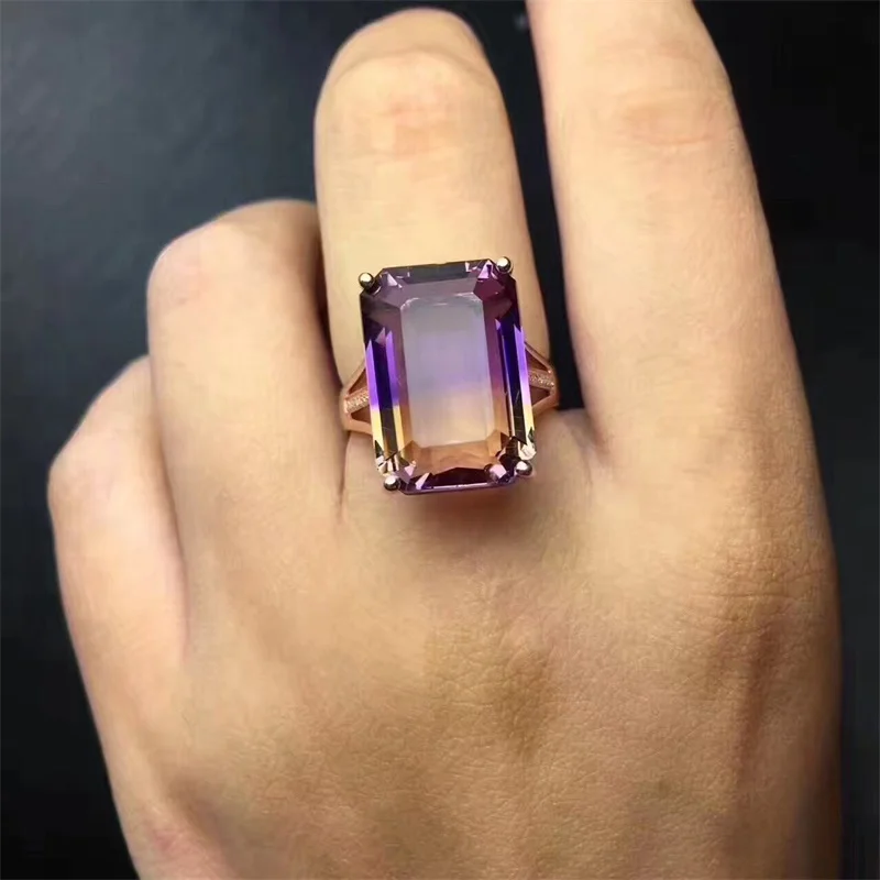 SHIQING Nature Ametrine gemstone ring, 925 sterling silver women ring, engagement ring