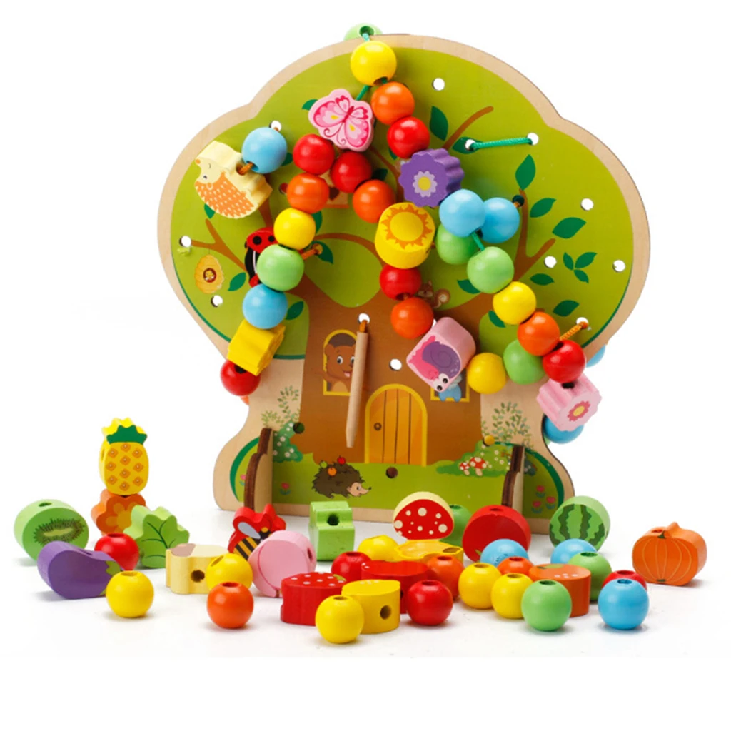 Baby Toddler Wooden Threading Beads Math Toys Lacing Shapes Activity Cognition Toys, Wooden Educational Toy for Kids