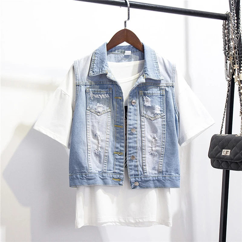 2018 Summer Short Denim Vests Women Embroidery Frayed Vest women