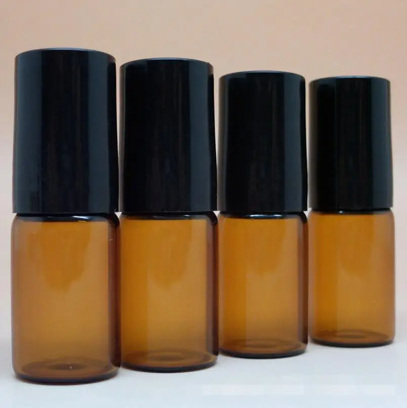 

300pcs/lot 3ml Empty Amber Glass Roller Bottle For Essential Oils, Refillable Containers With Black Lid