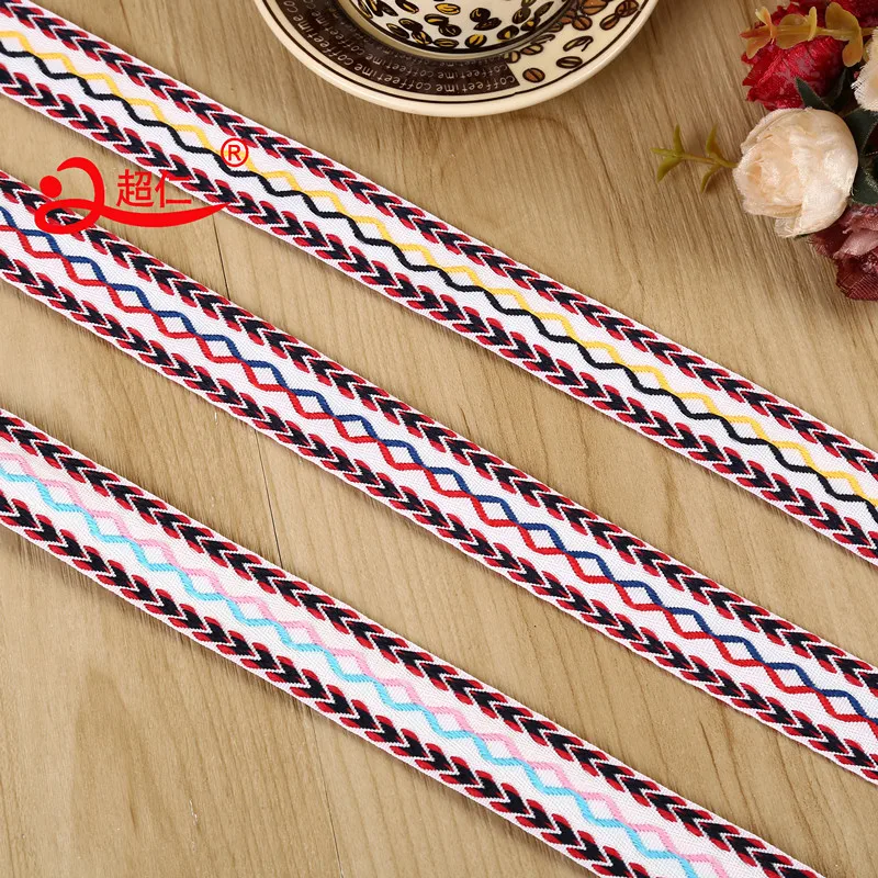 

2.5cm/50m White Diamond Double-Headed Arrow Ethnic Style Polyester Webbing Colorless Elastic Strap Label Ribbon Decoration ZD10