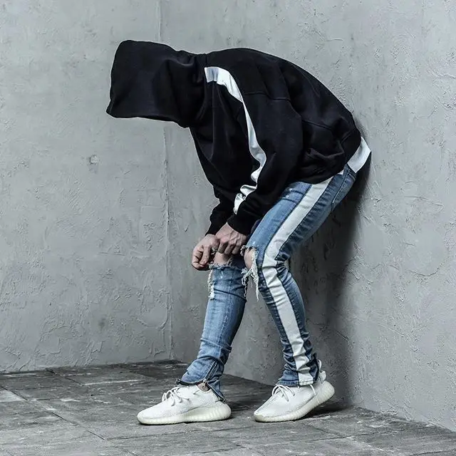 70% OFF Skinny Jeans Men Hip Hop Stripe Elastic Slim Fit Denim Pants Male Stretchy Pencil Bottoms street Knee Ripped Holes Jean