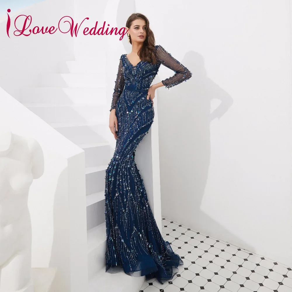 ILoveWedding 2019 роскошные темно одежда с длинным рукавом торжественное платье Sexy V образным вырезом Кристалл бисером элегантные длинные вечерние