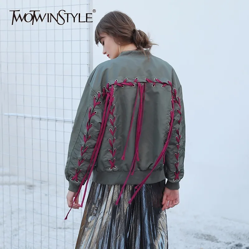 

TWOTWINSTYLE Autumn Bomber Coat Female Jacket Cross Lace Up Long Sleeve Cardigan Tops Women's Windbreaker Casual Big Sizes