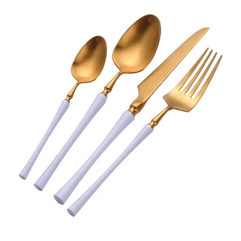 

KuBac Hommi Top Quality 18/10 Stainless Steel Steak Knife Fork Party Dinnerware Set White Gold Cutlery Set