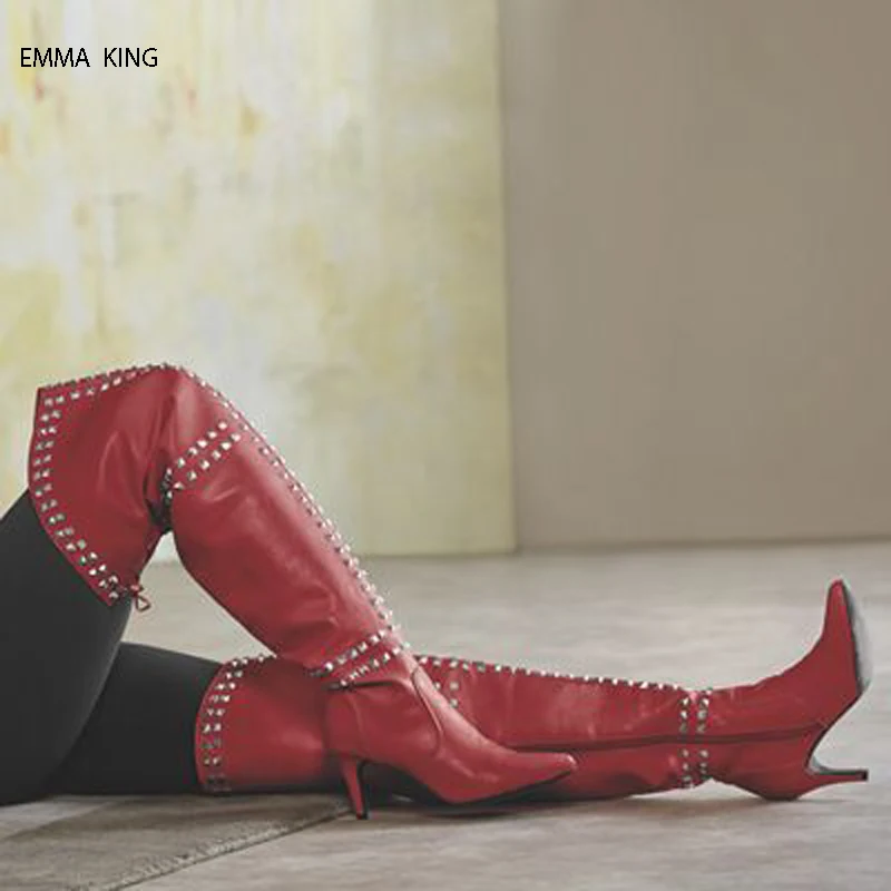 

Sexy Red Thigh High Boots Over The Knee Boots Zapatos Mujer Rivets Decorated Thin High Heels Pointed Toe Botas Mujer Shoes Woman