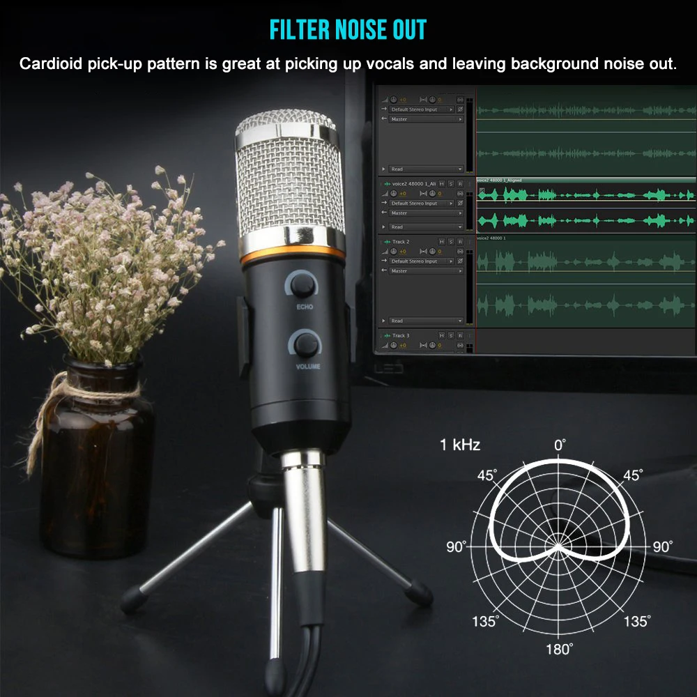 GEVO MK F200FL Computer Microphone Condenser Wired 3.5mm Cable Professional USB Mic For Karaoke PC Studio Recording With Tripod