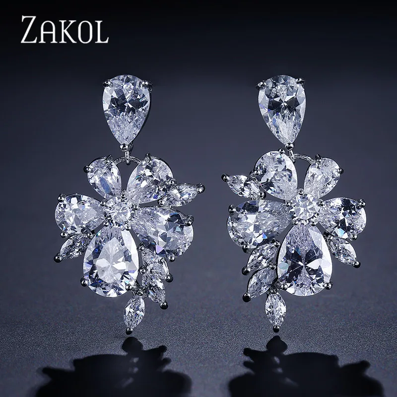 

ZAKOL White Color Noble Drop Earrings Exquisite Flower Cubic Zircon Jewelry For Bridal Accessories Wedding FSEP077