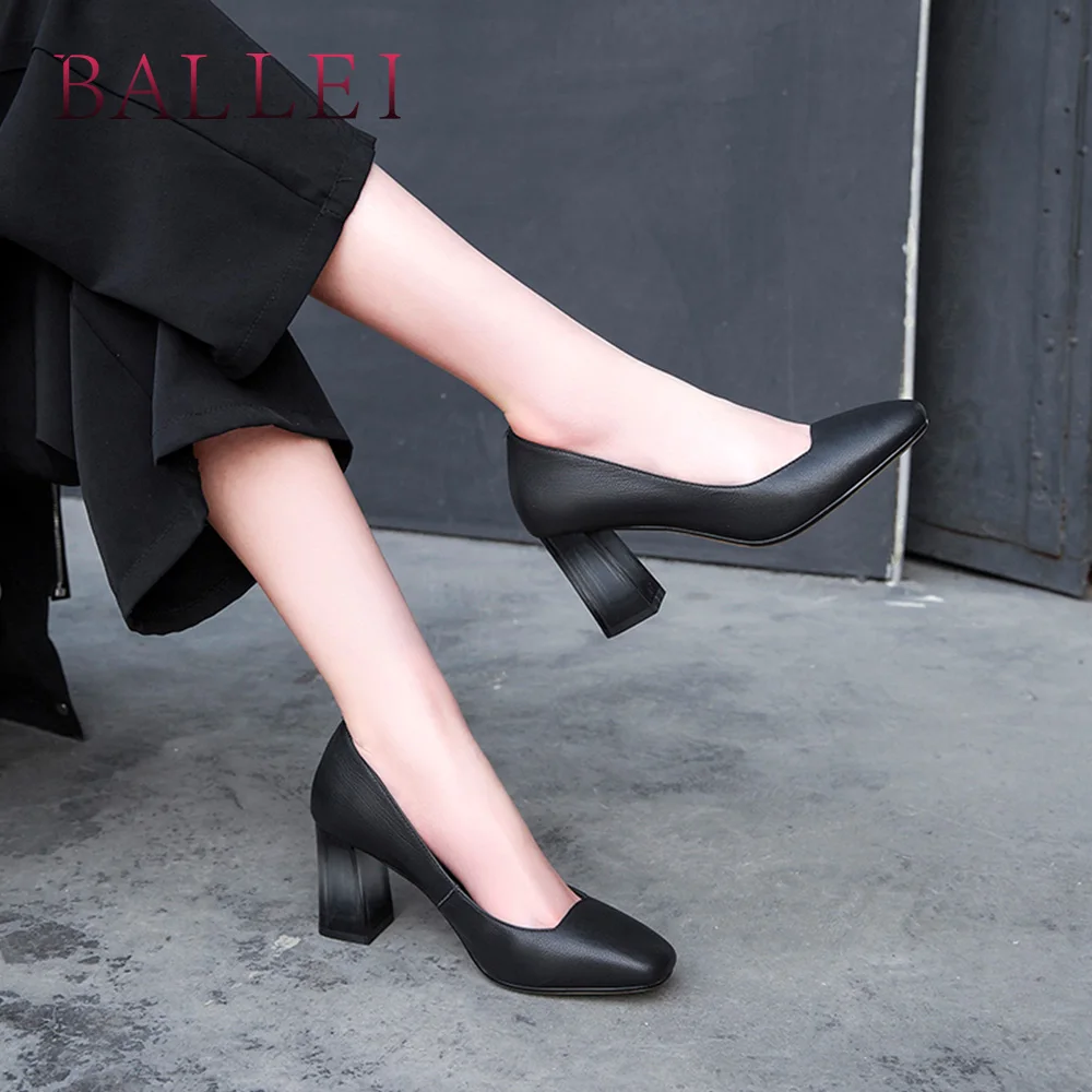 

BALLEI Mature Woman Handmade Pump Vintage Genuine Leather Elegant Square Heel Sexy Square Heel Shoes Luxury Office Lady Pump D26