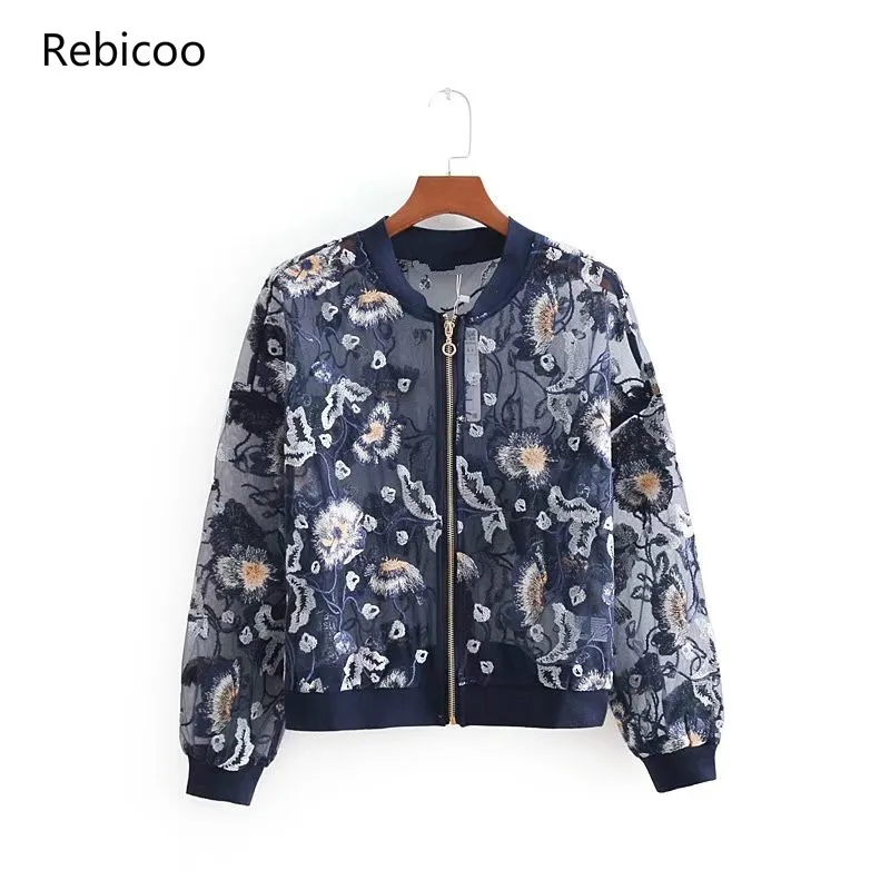 Rebicoo Новая женская летняя сексуальная легкая куртка-бомбер с цветочной вышивкой - Цвет: Navy