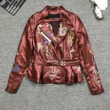 Осень Для женщин G eometry Вышивка яркий PU Искусственная кожа куртка женская отложной воротник с длинными рукавами Винтаж панк байкерская куртка