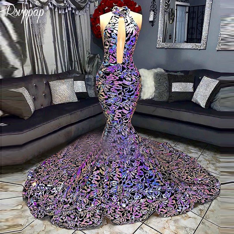 

Sparkly Long Prom Dresses 2019 Sexy Backless Mermaid Halter Cut-Out Front Bling Sequin African Black Girl Elegant New Prom Dress