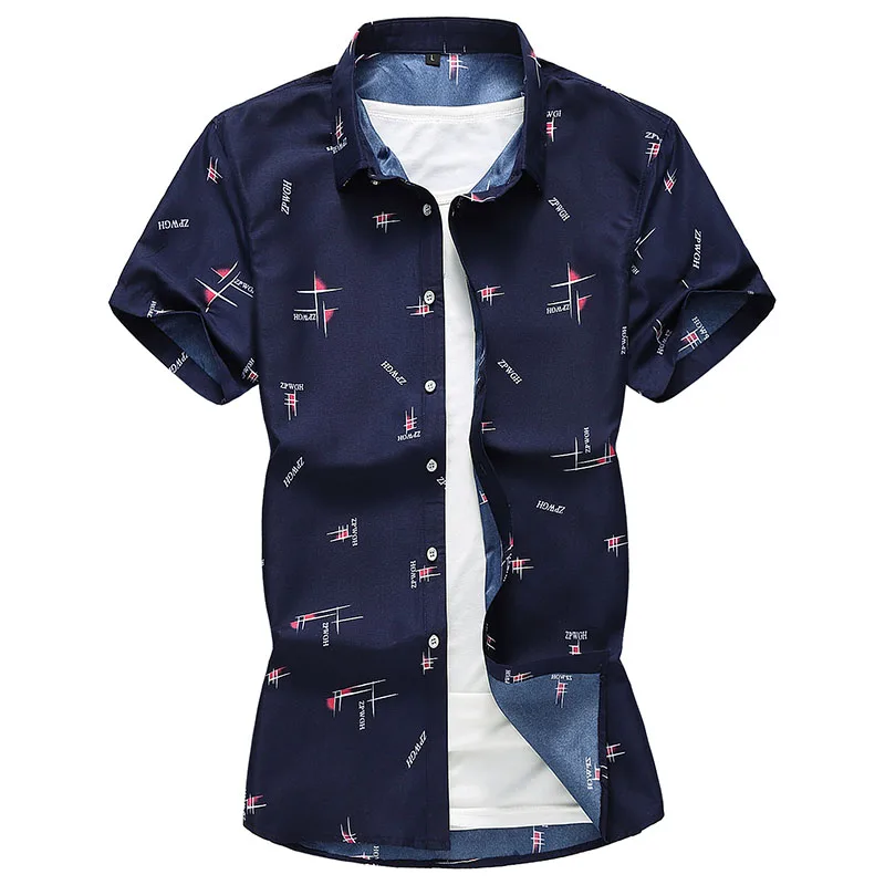 Новая летняя мужская Повседневная рубашка, модная свободная короткая рубашка с принтом, брендовая одежда размера плюс, рубашка 5XL 6XL 7XL - Цвет: Тёмно-синий