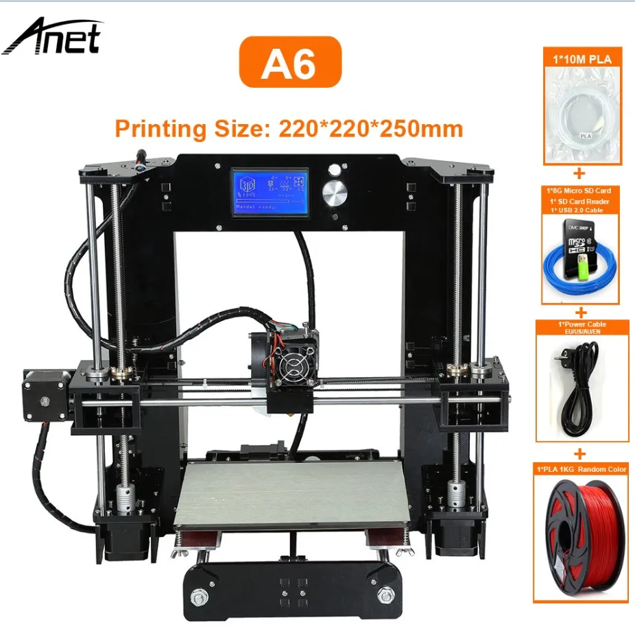 Anet A6 настольный 3d принтер, набор, большой размер, высокая точность, Reprap Prusa i3, сделай сам, 3d принтер, алюминиевая Горячая кровать, Подарочная нить, 16 ГБ, SD карта - Цвет: A6 With 1KG PLA