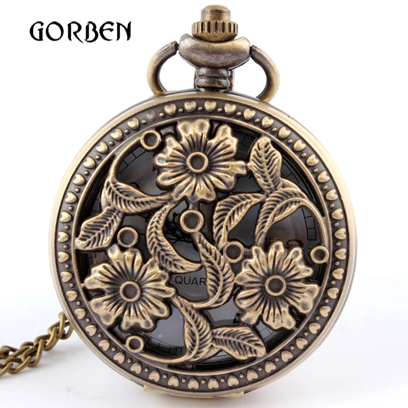 

antique Bronze Flower Pocket Watch Necklace Pendant With Chian Womens gifts pocket fob watches relogio de bolso
