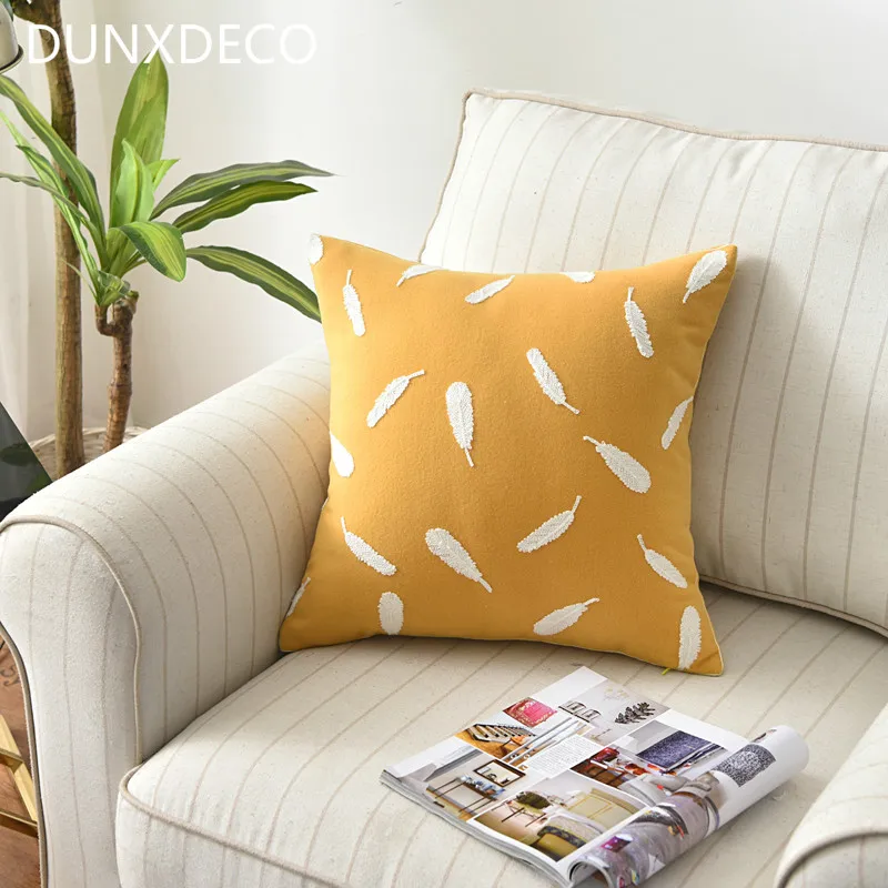 

DUNXDECO Cushion Cover Decorative Pillow Case Modern Simple Feather Embroidery Yellow Coussin Home Office Sofa Chair Deco