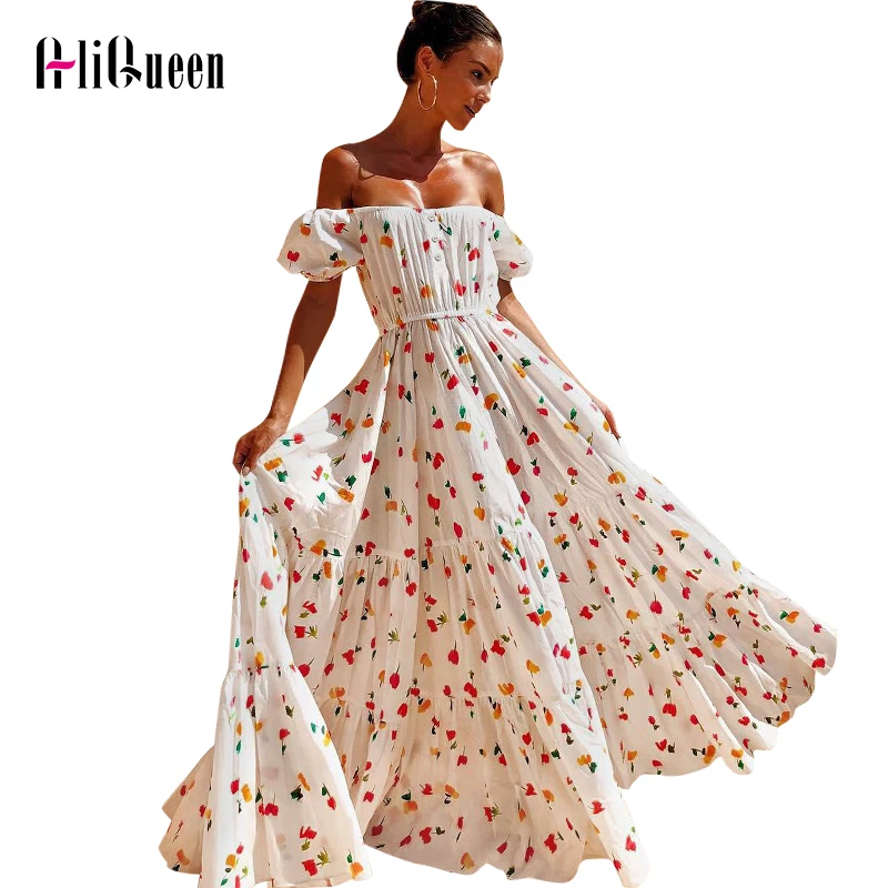 

Women Sexy Off Shoulder Strapless Boho Maxi Dress Summer Ladies Floral Print Party Dress Short Sleeve Long Beach Dress Vestidos
