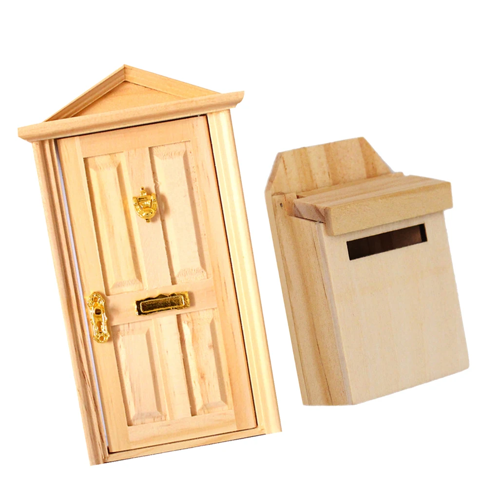 1:12 Dollhouse Miniature Accessory Wooden 4 Panels Door Outwardly Open & Mailbox Natural