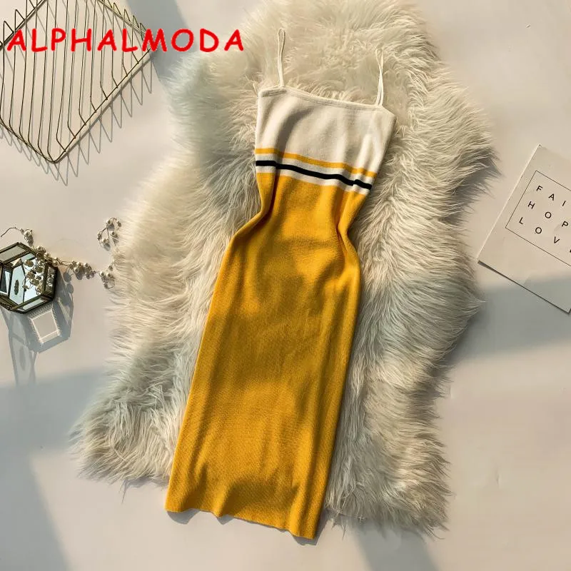 ALPHALMODA летнее женское Спортивное Полосатое трикотажное платье на бретельках, сексуальное облегающее Повседневное платье, сарафан