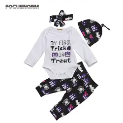 Одежда для новорожденных девочек на Хэллоуин комбинезон с длинными рукавами, длинные детские штаны с пауками, комплект одежды, шапка для
